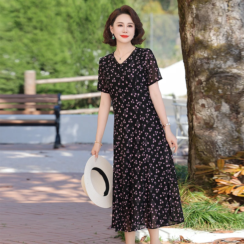 ผู้หญิงดอกไม้พิมพ์ชุดชีฟอง V คอ Elegant Office A-Line Fairy Dresses Chic ผู้หญิง Party Vestido