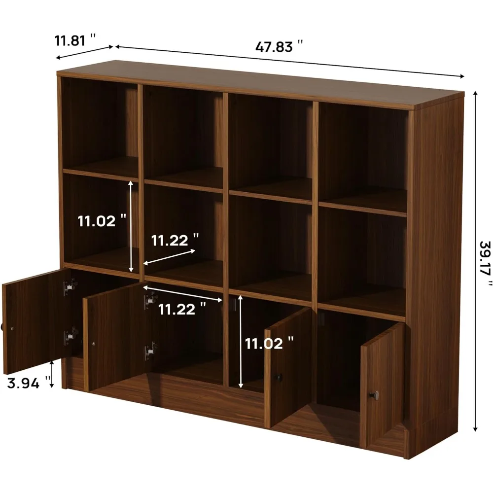3-Tier Wooden Bookshelf with 12 Cube Storage and Doors, Suitable for Bedroom or Living Room, Dimensions: 47.8 W x 39.1 H
