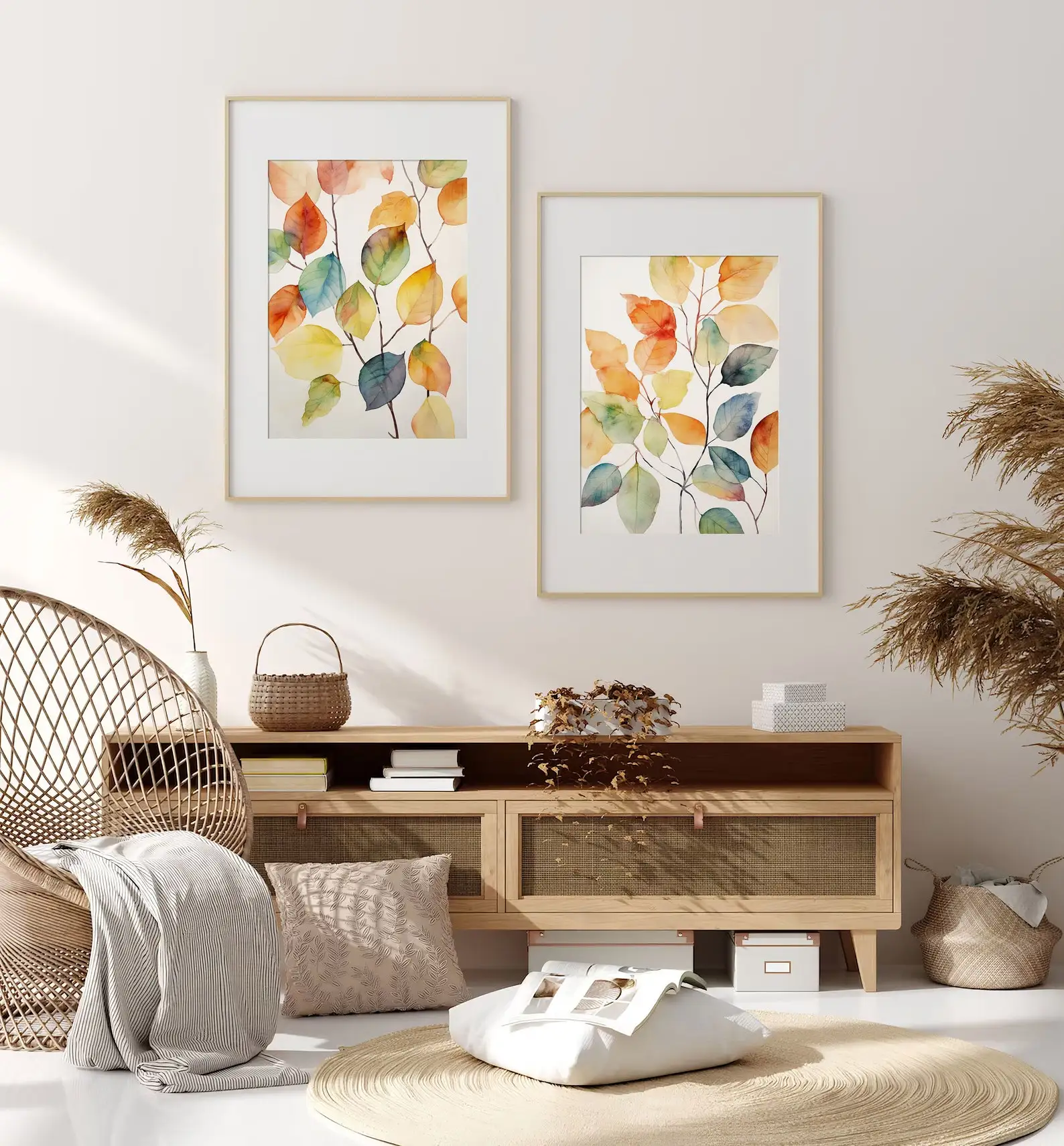 2pcs/Set Autumn Forest Leaves Watercolor Canvas Wall Art Frameless Colorful Leaf Poster Nature Landscape Artwork Decor Poster