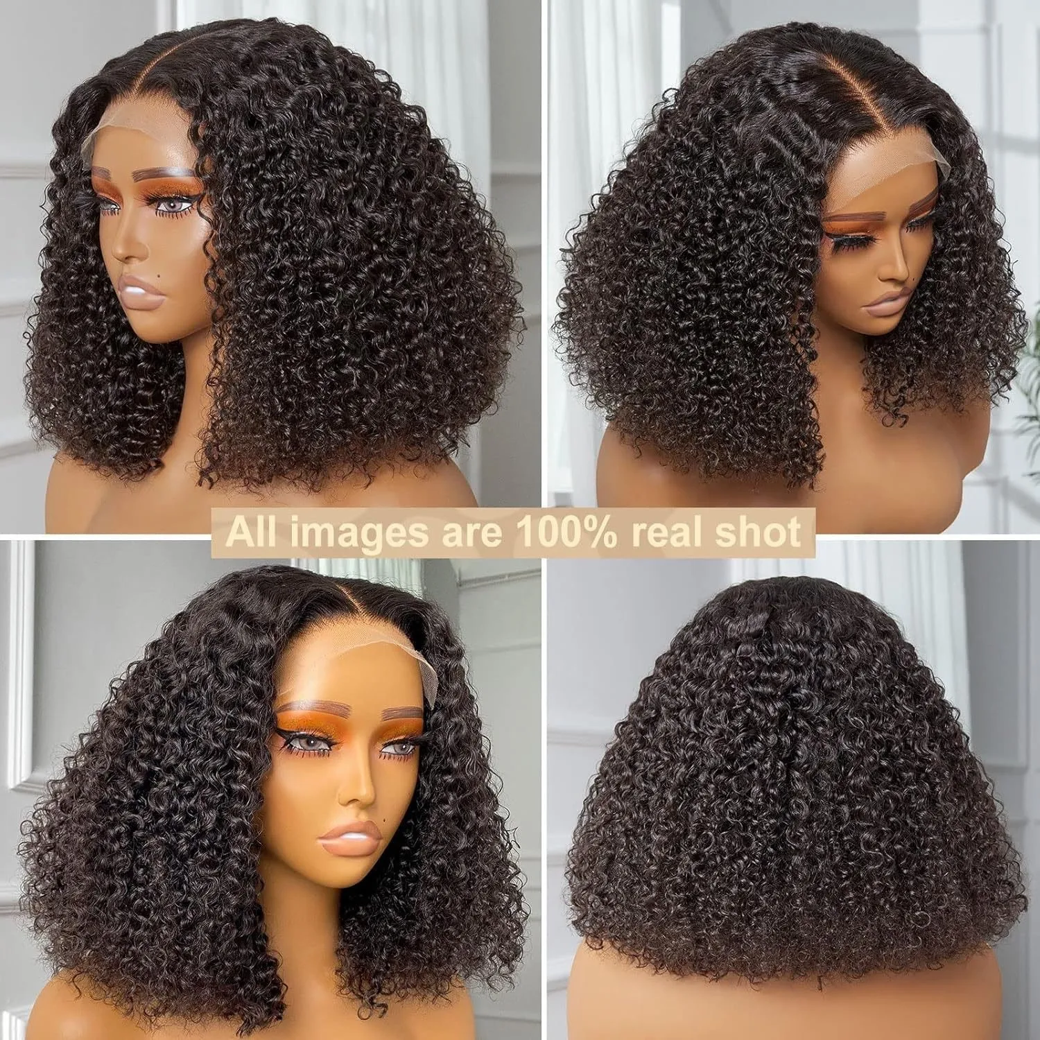 

European and American Women's Front Lace Wig - Black Middle Part Short Fine Tube Curly Hair, Synthetic Wig Cap