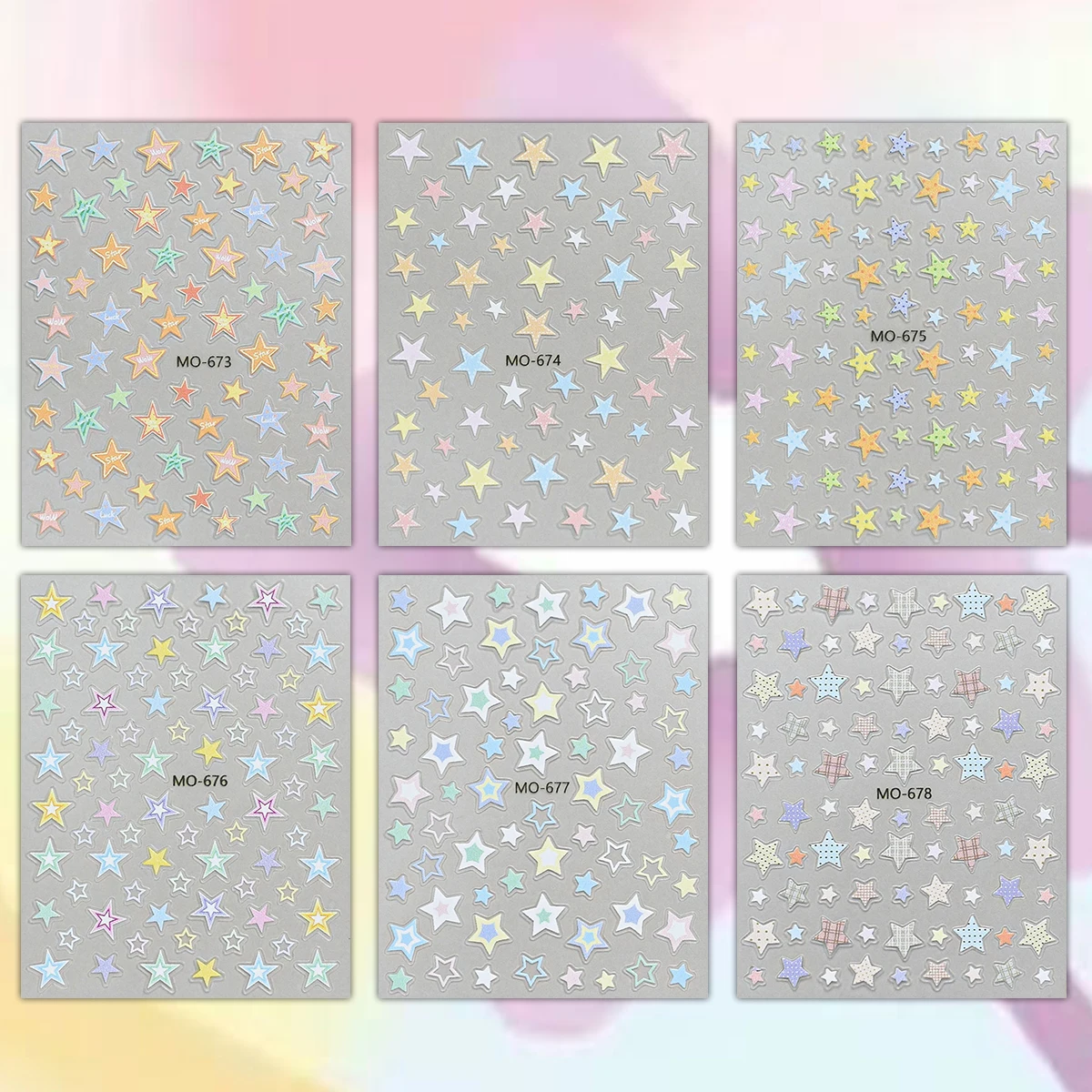 3/6/12 ورقة الباستيل ستار 5D تنقش ملصقات الأظافر ، Kawaii جيلي كاندي اللون ستار مسمار ملصقات فنية DIY بها بنفسك هلام مانيكير