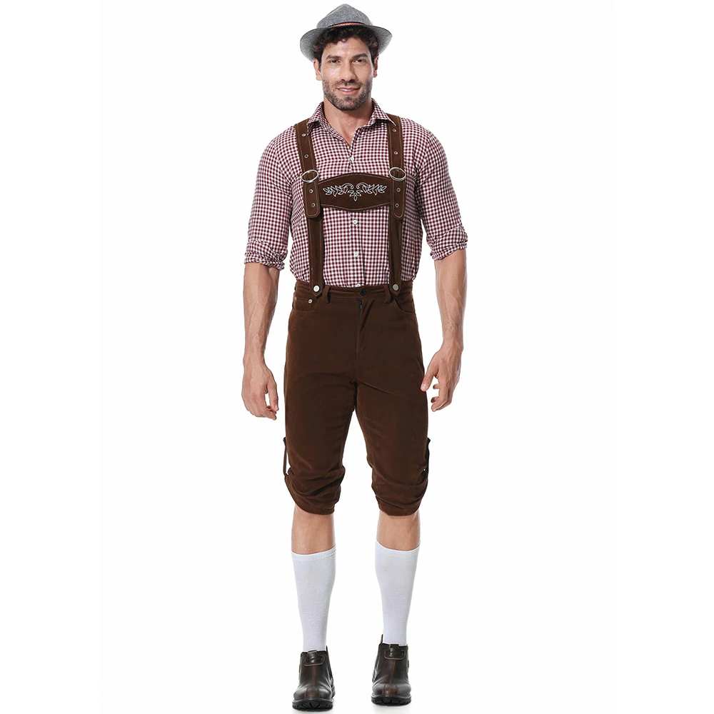 Herren Bayerisches Oktoberfest Lederhosen Kostüm Deutsches Bierfest Hosenträger Strampler Hemd Hut Set Halloween Cosplay Kostüme – Detail 3
