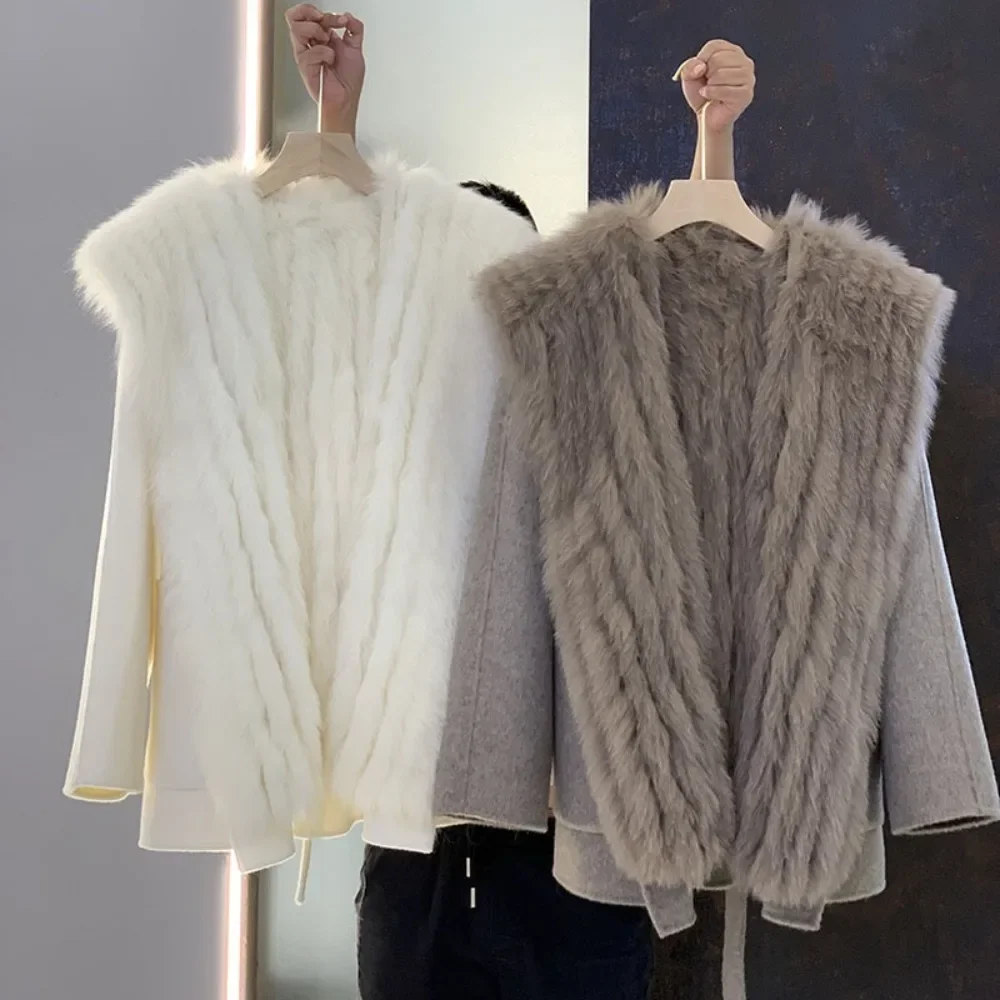 

Loose Belt Double-sided Wool Coat Female 2025 New Winter Hooded Thick Coat Detachable Women Real Fox Fur Liner Woolen Jacket