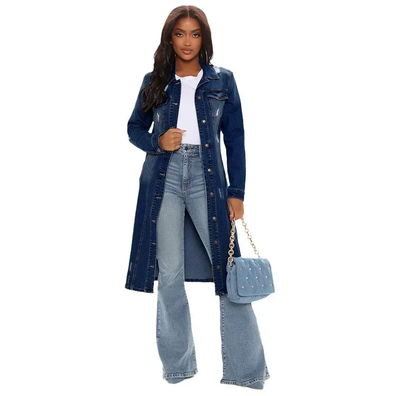 Manteau en Denim de Coton pour Femme, Long, Gothique, Coupe-vent, Y2k, Vestes Maxi Élégantes, Printemps Automne