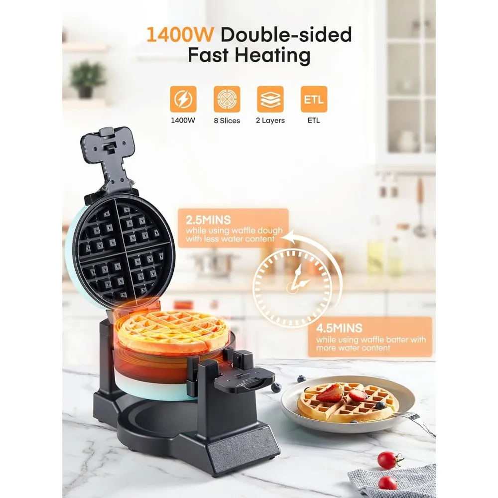 Double Waffle Maker, 1400W Rotating Belgian Waffle Iron with Nonstick Plates, 180° Flip, 8 Slices, Removable Drip Tray for Easy