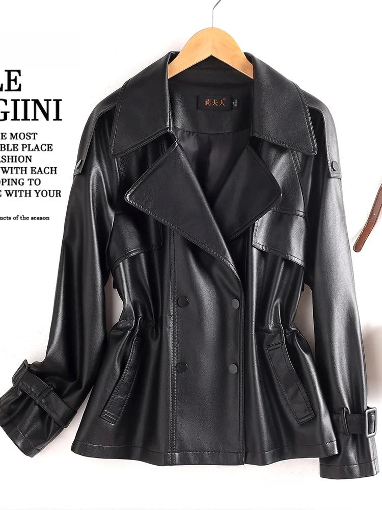   Veste en cuir véritable pour femme, style coréen, coupe ajustée, coupe-vent décontracté, double boutonnage