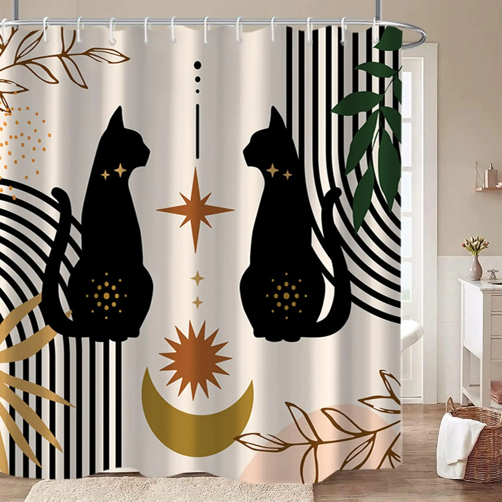 

VIKAMA Занавеска для душа в средневековом стиле с абстрактным рисунком кота, современный минималистский стиль, ботанические листья, декор для ванной комнаты с крючком