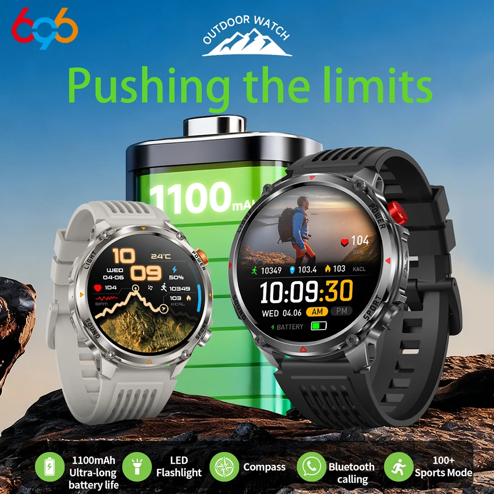 

Smart Watches Waterproof Men BT Call Compass LED Flashlight Outdoor Smartwatch Health 100+ Sports Fitness 1100mAh Large Battery