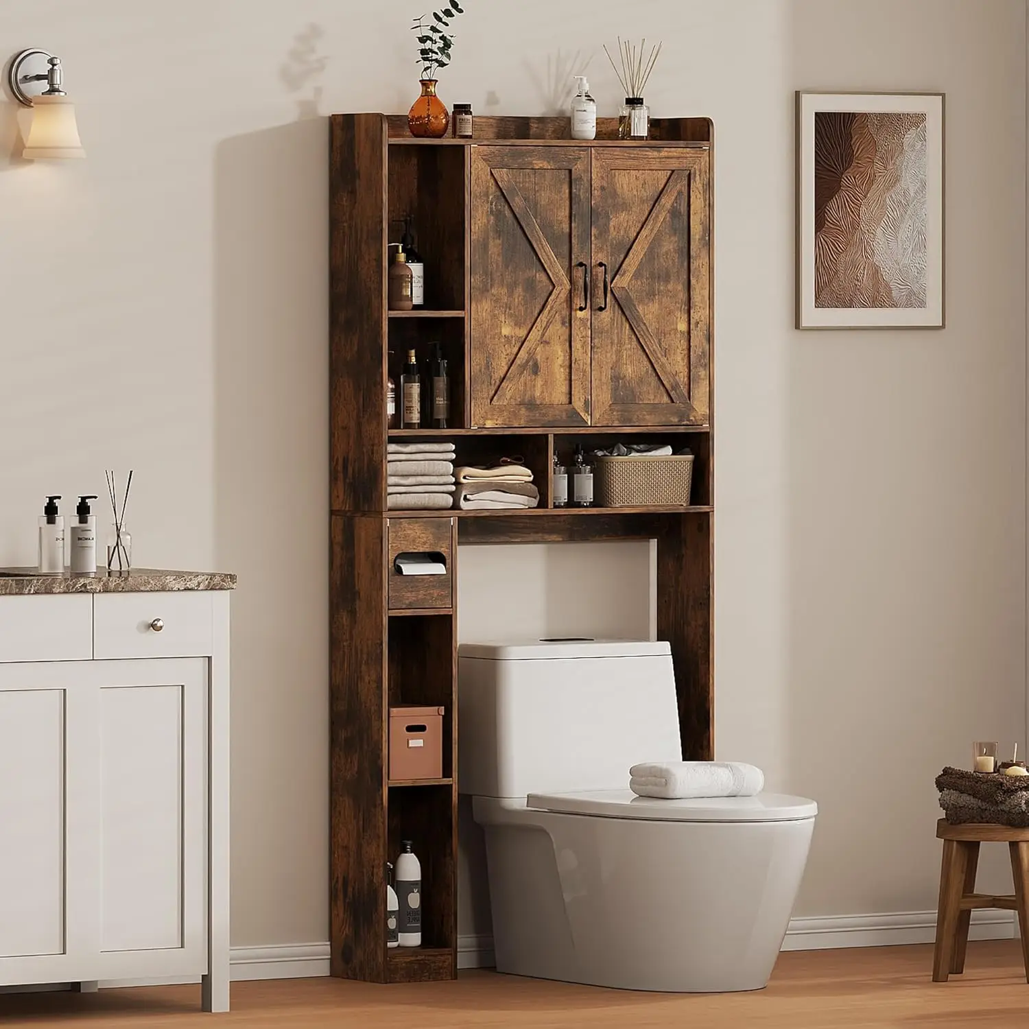

Over The Toilet Storage Cabinet, 31.1”W Bathroom Organizer with Double Doors, Above Toilet Rack, Detachable Toilet Paper Hol