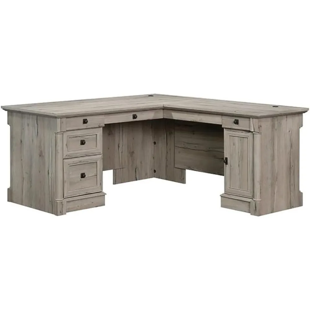 

Contemporary 65" x 69" Engineered Wood L-Shaped Desk with Storage, Drawers, Flip-Down Panel, and Grommet Holes for Home Office U