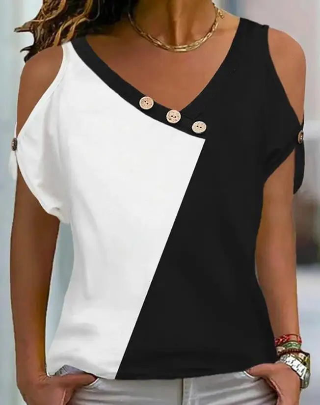 

Top Sexy and Elegant Color Block Button Decoration Cold Shoulder Top New Fashion 2024 Summer Casual T-Shirt Pullover Top