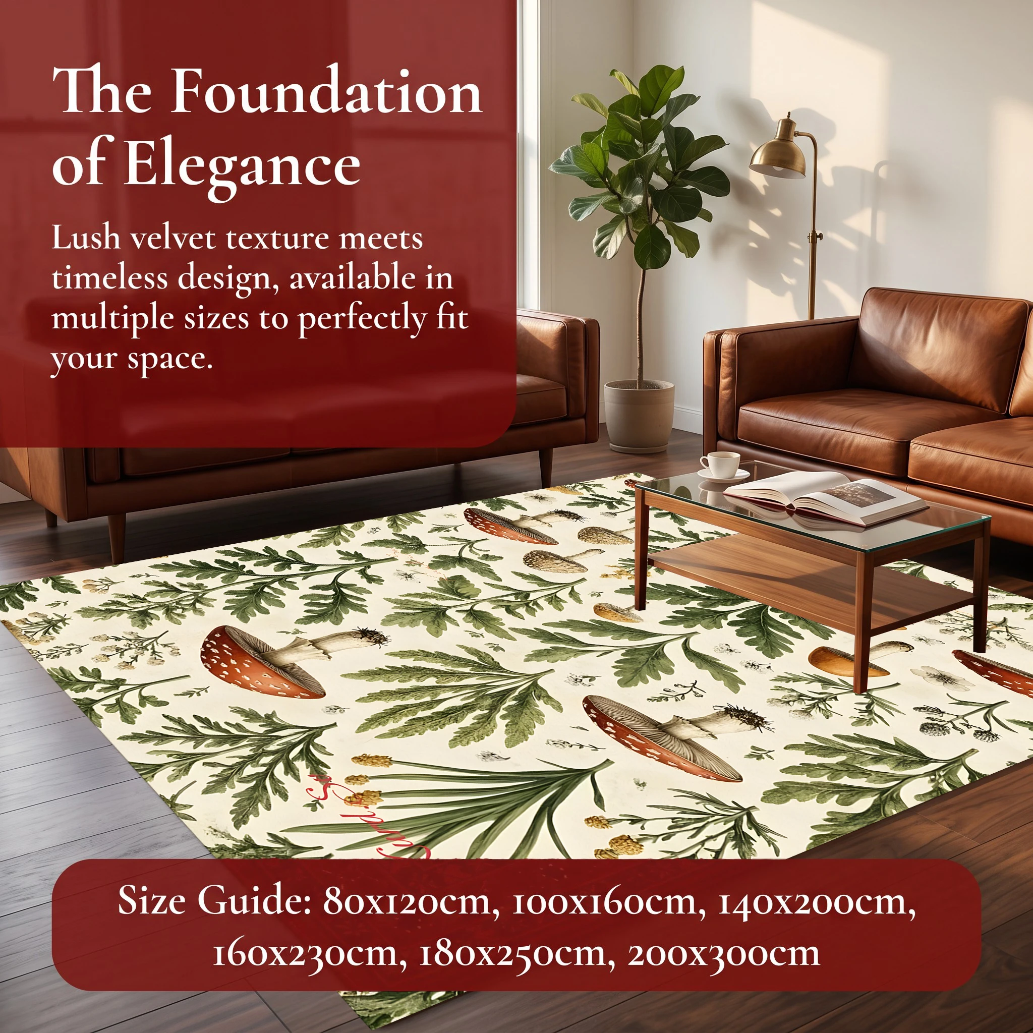 Mushroom and Fern Leaf Print Forest-Style Retro Velvet Rug, Suitable for Both Bedrooms and Living Rooms, Creating a Warm and Cozy Autumn Harvest Atmosphere