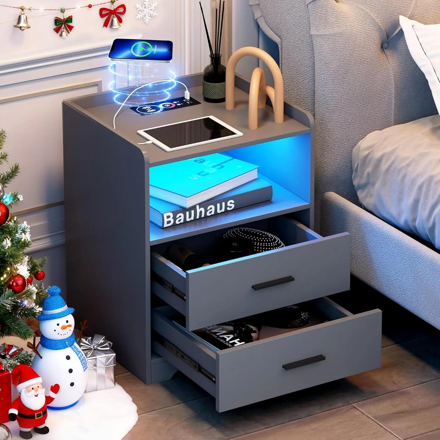 

Night Stand with Wireless Charging Station, Nightstand with 2 Drawers, Smart Bedside Table with 24-Color RGB Lighting