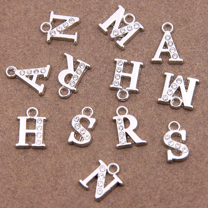 10pcs 13*10mm Alloy inlaid rhinestones Crystal 26 Letter Charms Pendants for Women Necklace earring jewelry Accessories