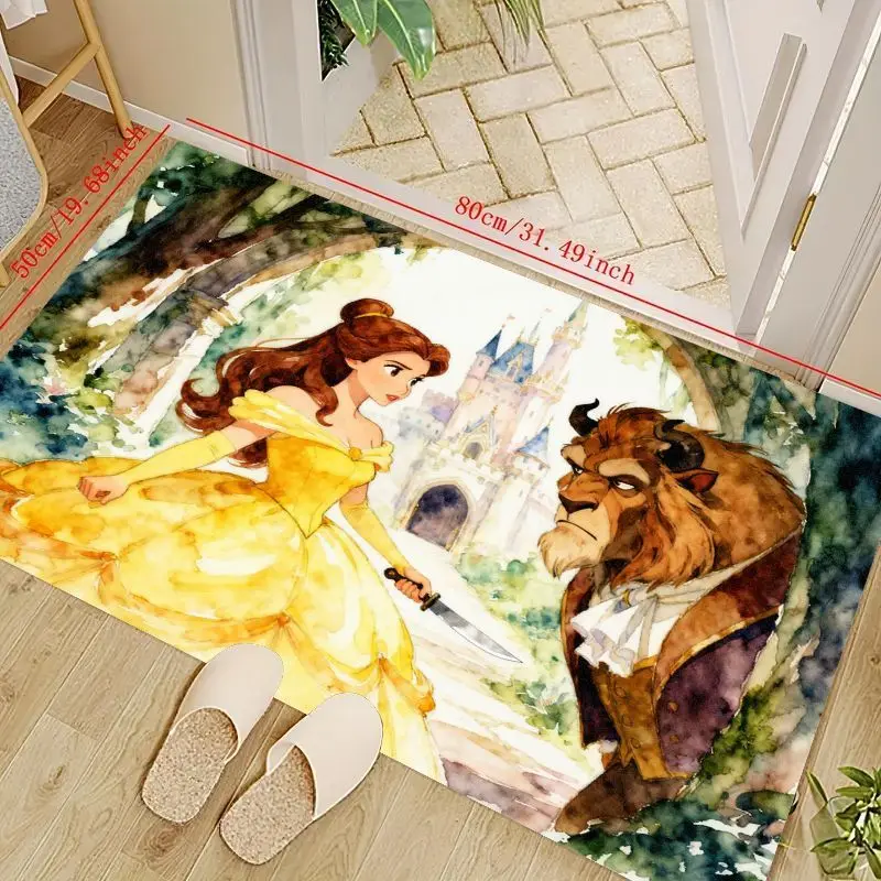 

1 шт., нескользящий напольный коврик Disney Princess Beauty and the Beast Belle & Beast Watercolor Art, моющийся коврик для гостиной, кровати