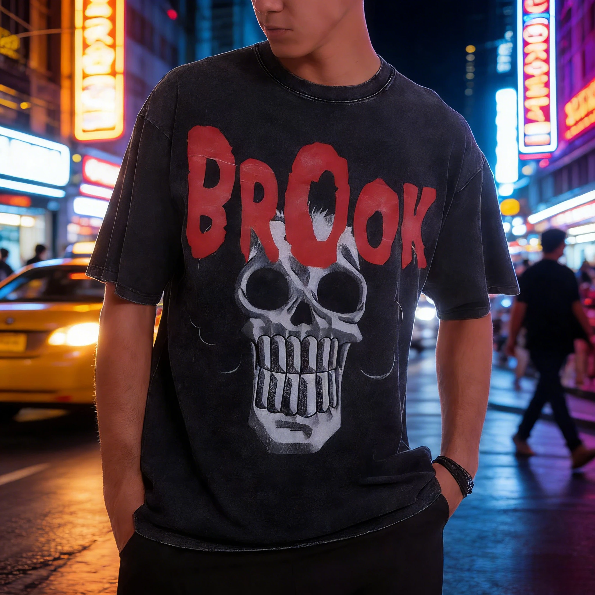 ONE PIECE Brooke Skull Vintage Washed T-Shirt King of Souls Old Loose Diablo Anime Street Kurzarm Herren- und Damenoberteil