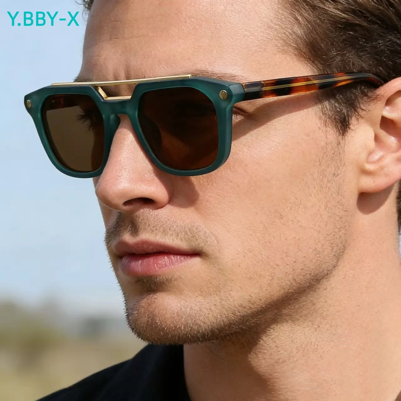 Y.BBY-X Retro Double Bridges Square Sunglasses Men Shades UV400 Fashion Brand Designer Rivets Men Sun Glasse