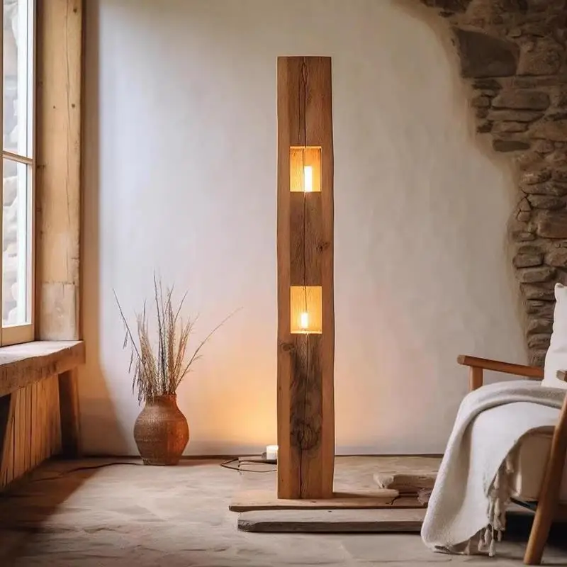 Wabi Sandy Wind Solid Wood Floor Lamp B & B Hotel Decorative Wall-mounted Light Tea Room Medieval Weathered Wood Vertical