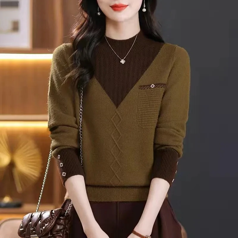 Women Sweater Pullover New Fashion Color Blocking Fake Two-Piece Knitted Sweater Jumpers Autumn Winter Femme Top Bottoming Shirt