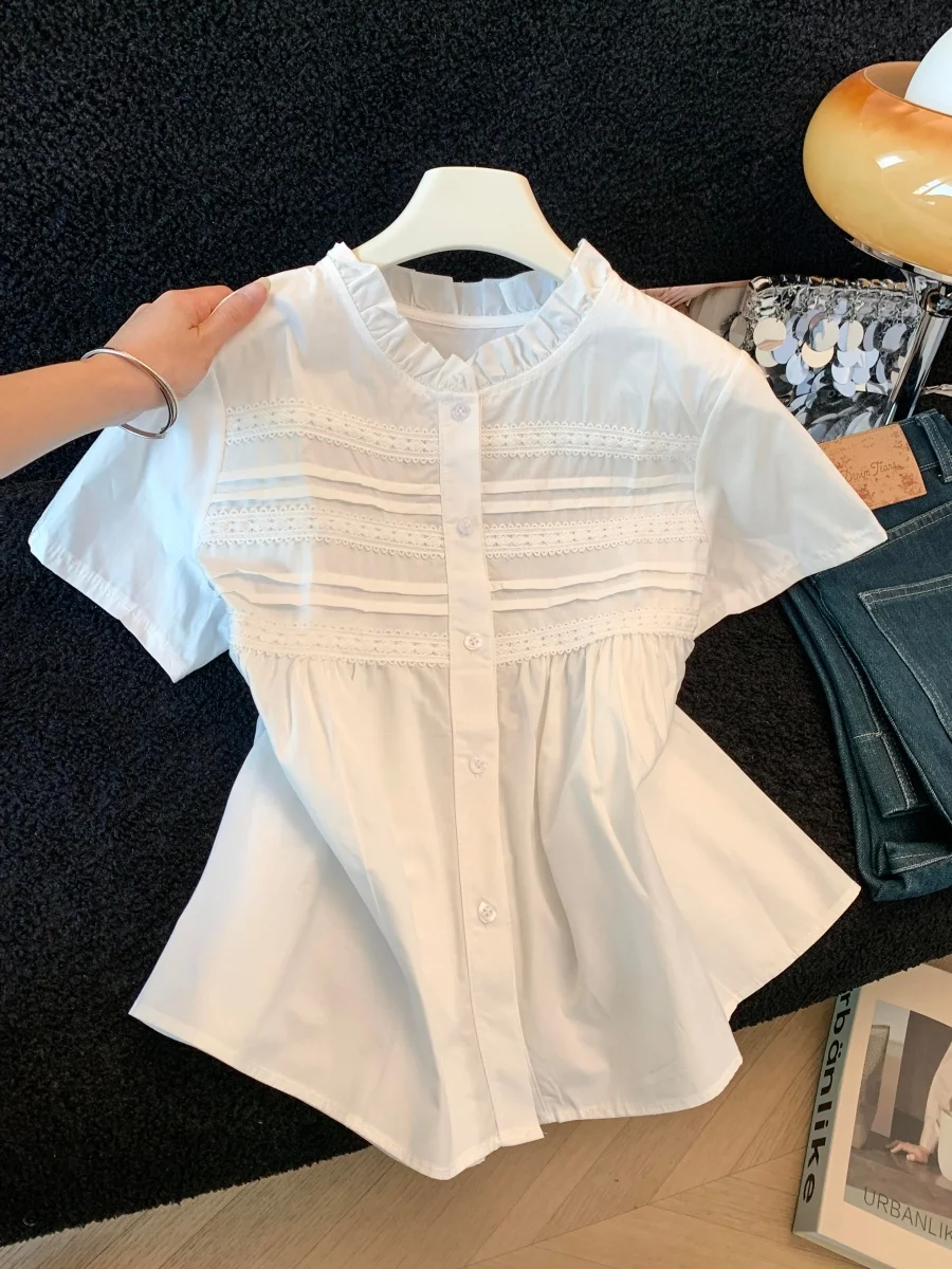 

White Short Sleeve Doll Shirt Women's Summer New Design Loose Pleated French Style Polyester Fiber Casual Top for Young Girls