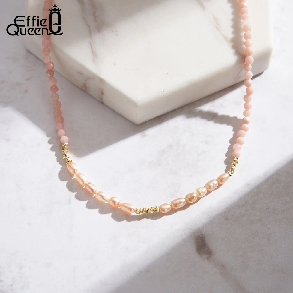 EFFIE QUEEN Pink Opal Freshwater Pearls Beaded Necklace 925 Pure Silver For Women Fine Jewelry Party Anniversary Gift MPN05