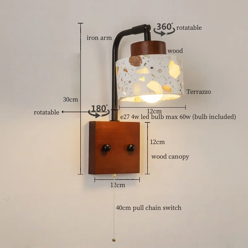 IWHD Mid Century Modern LED Wall Lights For Home Lighting Living Room Stair Pull Chain Switch Terrazz Bedroom Lamp Lampara Pared