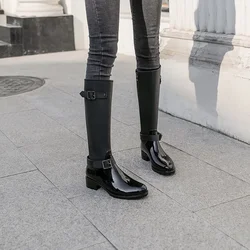 Fashion Heightened Women's Waterproof Non-slip Zipper Boots Knee High Riding Boots Metal Buckle Calf Boot