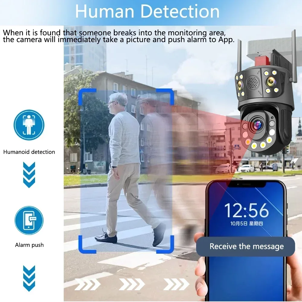 Caméra de surveillance extérieure IP WiFi HD 12MP/6K (Icsee), dispositif de sécurité sans fil, avec n'aime optique 50x, audio bidirectionnel, détection humaine et triple objectif, pour les touristes