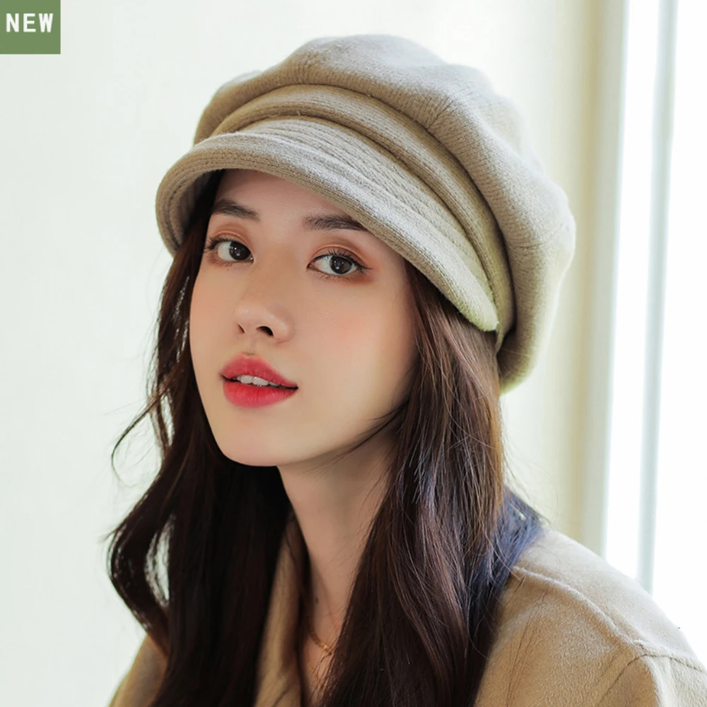 HT4270 Berets Women Solid Plain Autumn Winter Hat Ladies Vintage Artist Painter Beret Hat Female Roll Brim Octagonal  Cap