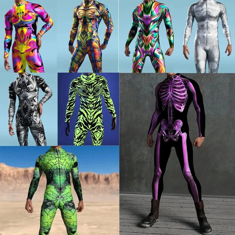 

2025 New 3D Printing Holiday Party Men Cosplay Costume Elastic Bodysuits Rompers Kids CyberPunk Rainbow Jumpsuit Wear Onesie Hal