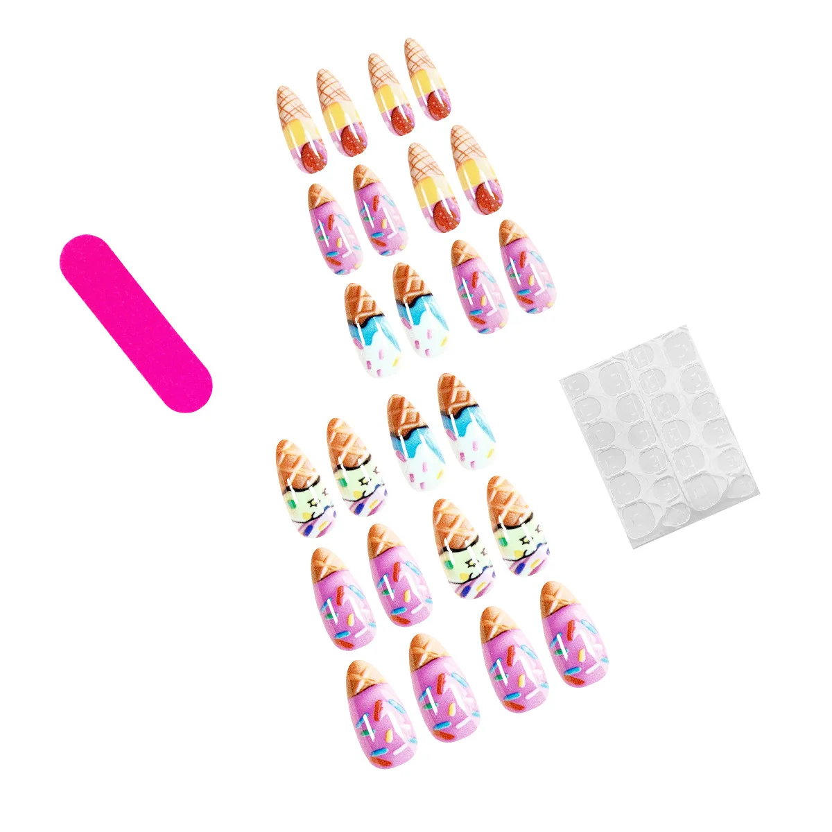 24pcs 손톱에 귀여운 아이스크림 프레스 달콤한 여름 바다 불가사리 과일 인쇄 가짜 손톱 팁 웨어러블 인 아몬드 거짓 손톱
