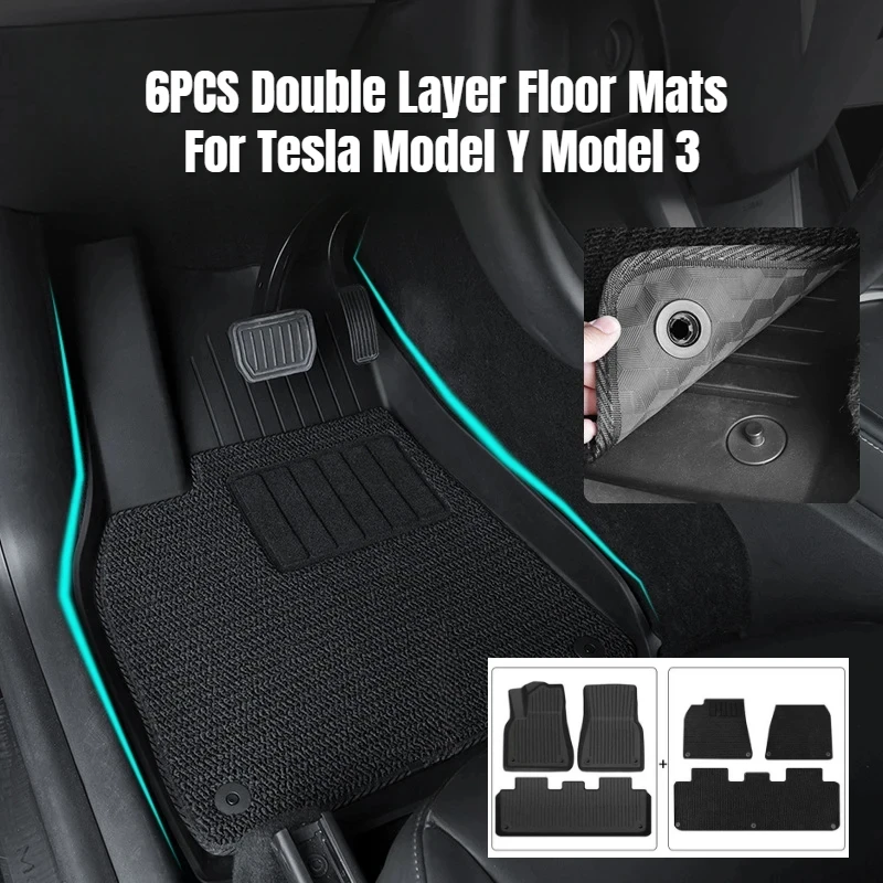 

6 шт. двухслойные коврики для Tesla Model Y Model 3 3D TPE Menis Carpet Velvet Водонепроницаемые моющиеся двухслойные автомобильные напольные подушечки