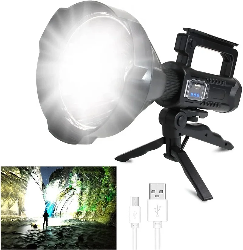 

Rechargeable Spotlight Flashlight High Lumens Super Bright Led Searchlight with Tripod USB Output Waterproof Handheld Spotlight