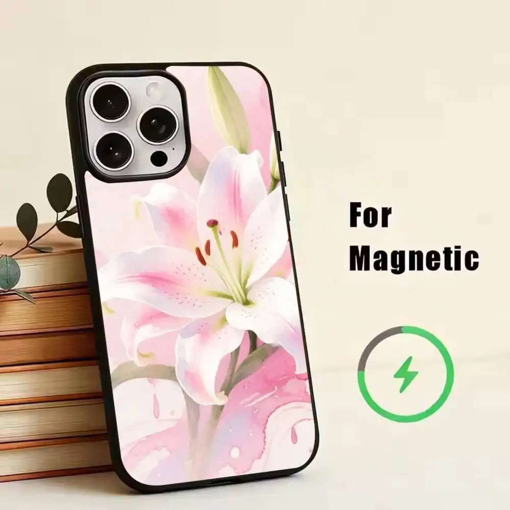 Pink lily flower Phone Case For iPhone 11,12,13,14,15,16,17Plus,Pro,Max for Wireless Charging