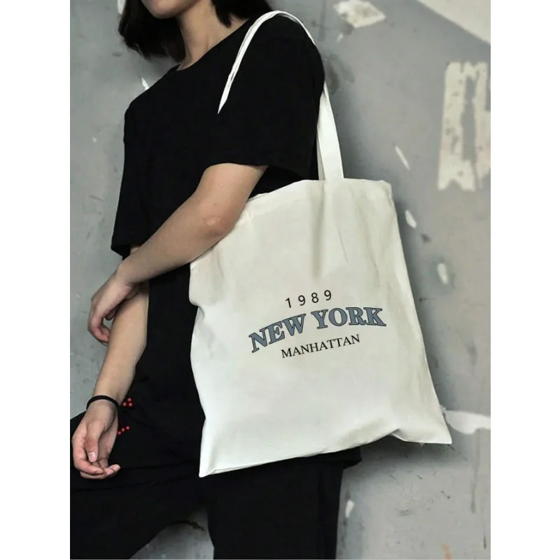 Small Letter Graphic Shopper Bag Reusable Print Tote Bag White Canvas Shoulder Bag Large Capacity School Grocery Shopping Bag