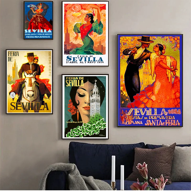 Pinturas en lienzo Vintage, carteles de papel Kraft, pegatinas de pared recubiertas, regalo de decoración del hogar, regalo de viaje de niña de las flores de España, Seville