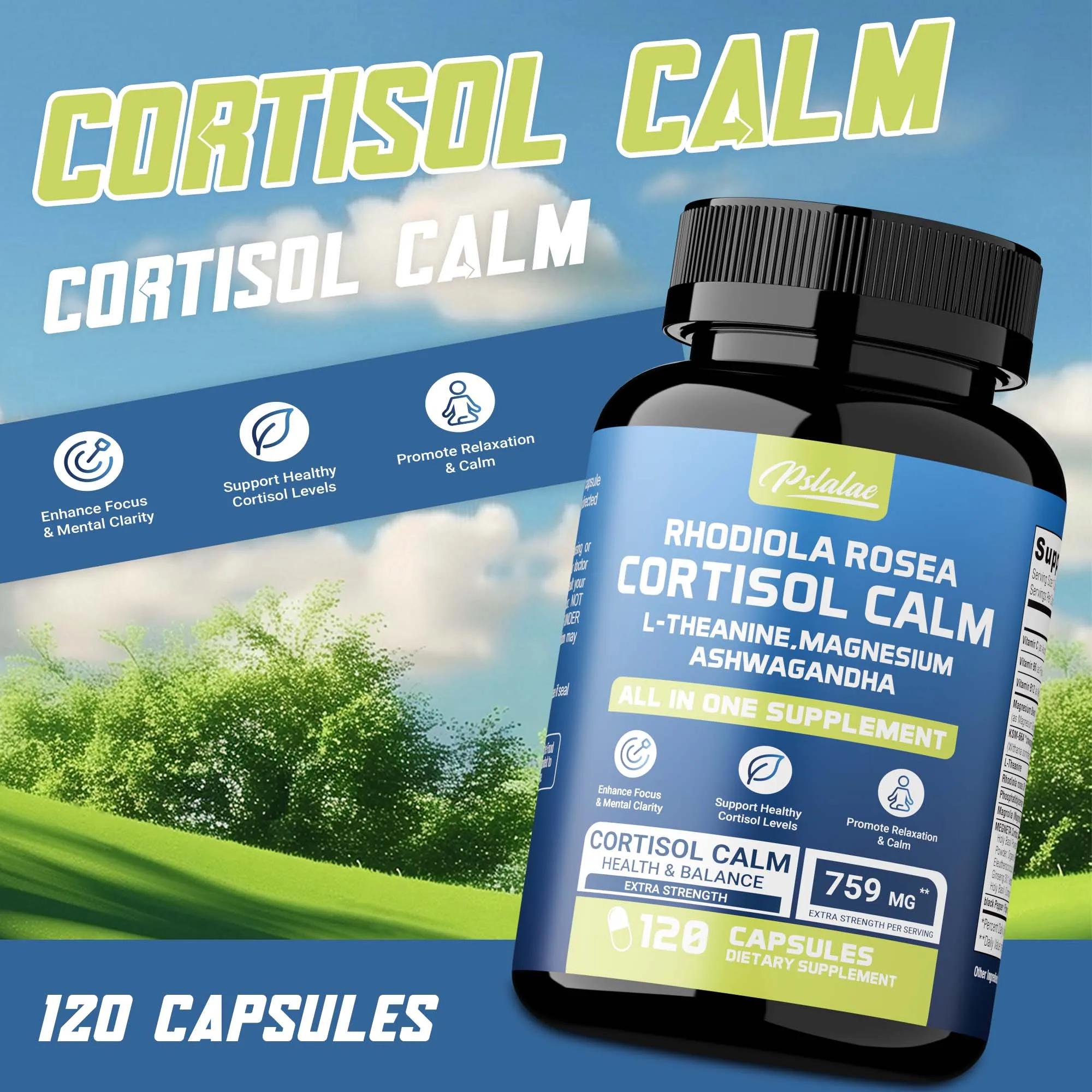 

Cortisol Calm - L-Theanine Magnesium Ashwagandha - Reduces Fatigue, Reduces Cortisol Levels, Improves Focus and Mental Clarity