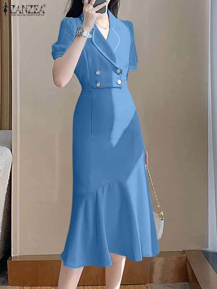 ZANZEA Long Shirt Dress Puff Short Sleeve Elegant Casual 2023 Women Mermaid Slimming Midi Dresses Solid Buttons Fishtail Vestido