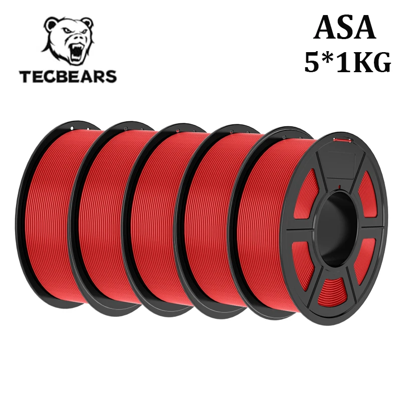TECBEARS 5KG/5Rolls ASA 3D-printerfilament 1,75 mm UV/regen/hittebestendig, robuust ASA buitenmateriaal voor 3D-printers