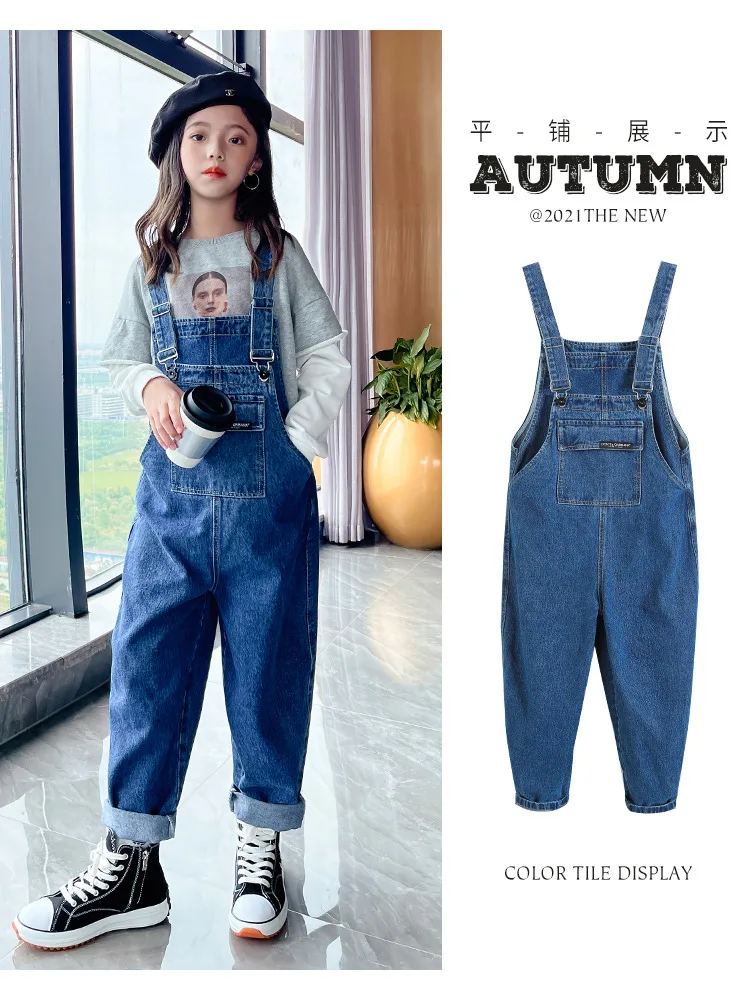 New Flower Teenge Girls Jumpsuits 4 6 8 10 12 14 15 Years Kids Girl Denim Strap Casual Wide Leg Pants Childrens Trousers