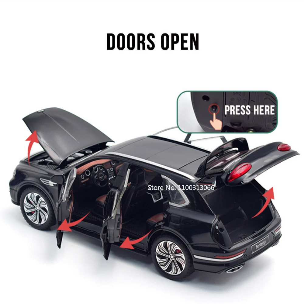 1:24 스케일 벤테이가 자동차 모델 합금 다이캐스트 장난감 자동차 6개 도어 개폐 가능, 후진 기능 포함, 성인용 수집품 장식품