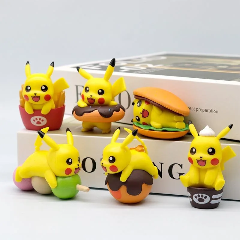 

6Pcs Anime Pokemon Figure Food Theme Series Burger Fries Donuts Pikachu Model Toys Doll Gifts Aciton Figure PVC