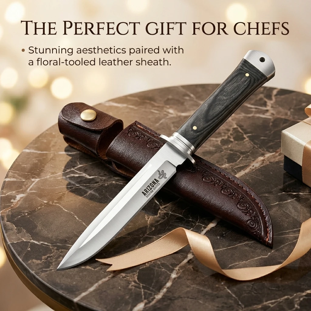 Hochwertiges feststehendes Messer mit Lederscheide, Edelstahl-Küchenmesser zum Schneiden und Kochen von Fleisch.