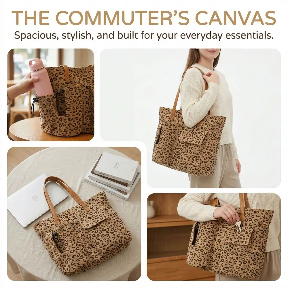 Large Capacity Corduroy Tote Bag Cherry/Leopard Pattern Multi-Pocket Cute Printed Handbag Adjustable Shoulder Simple