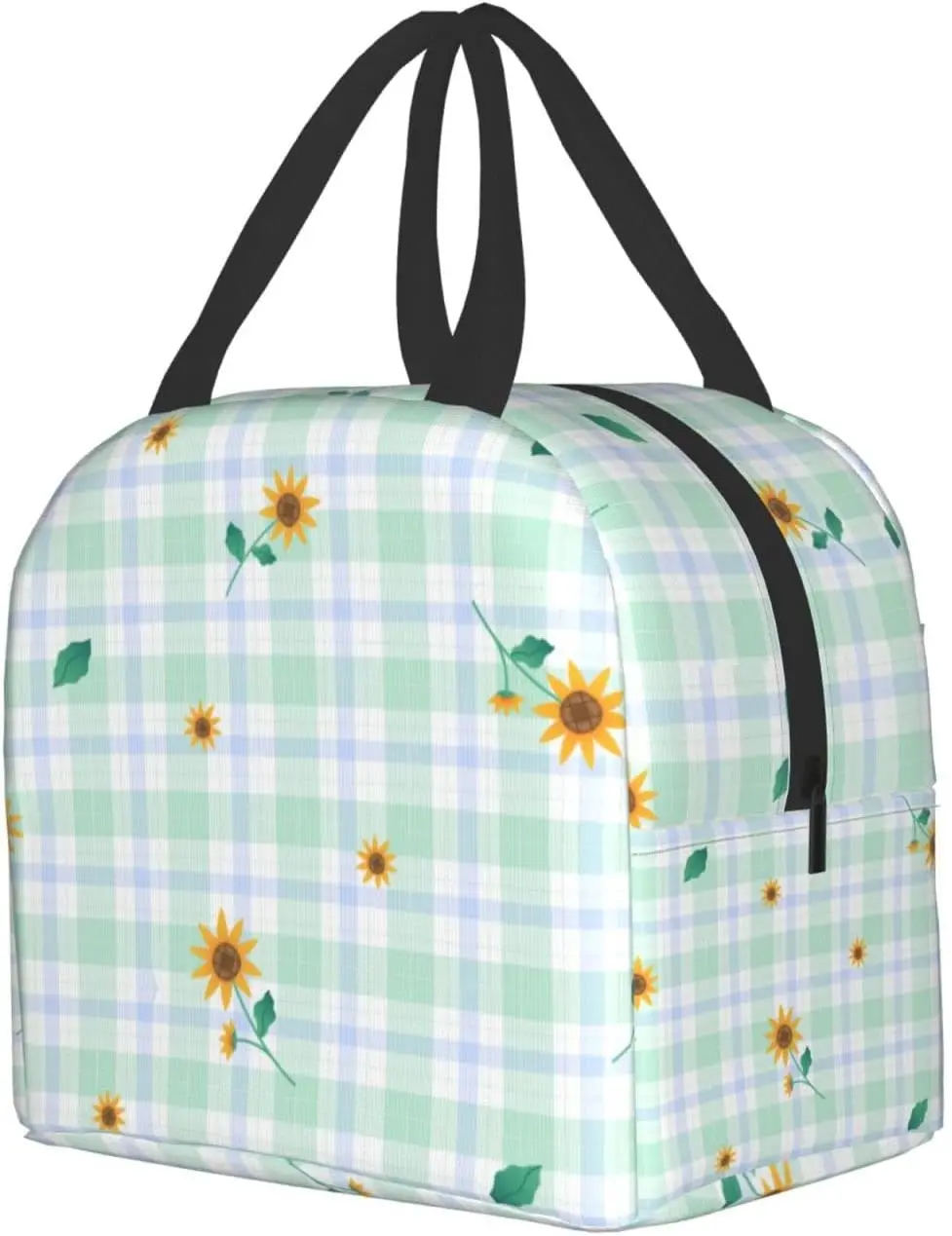 Yellow Green Sunflower On Green Plaid Lunch Box Bento Box Insulated Lunch Boxes Reusable Waterproof Lunch Bag With Front Pocket