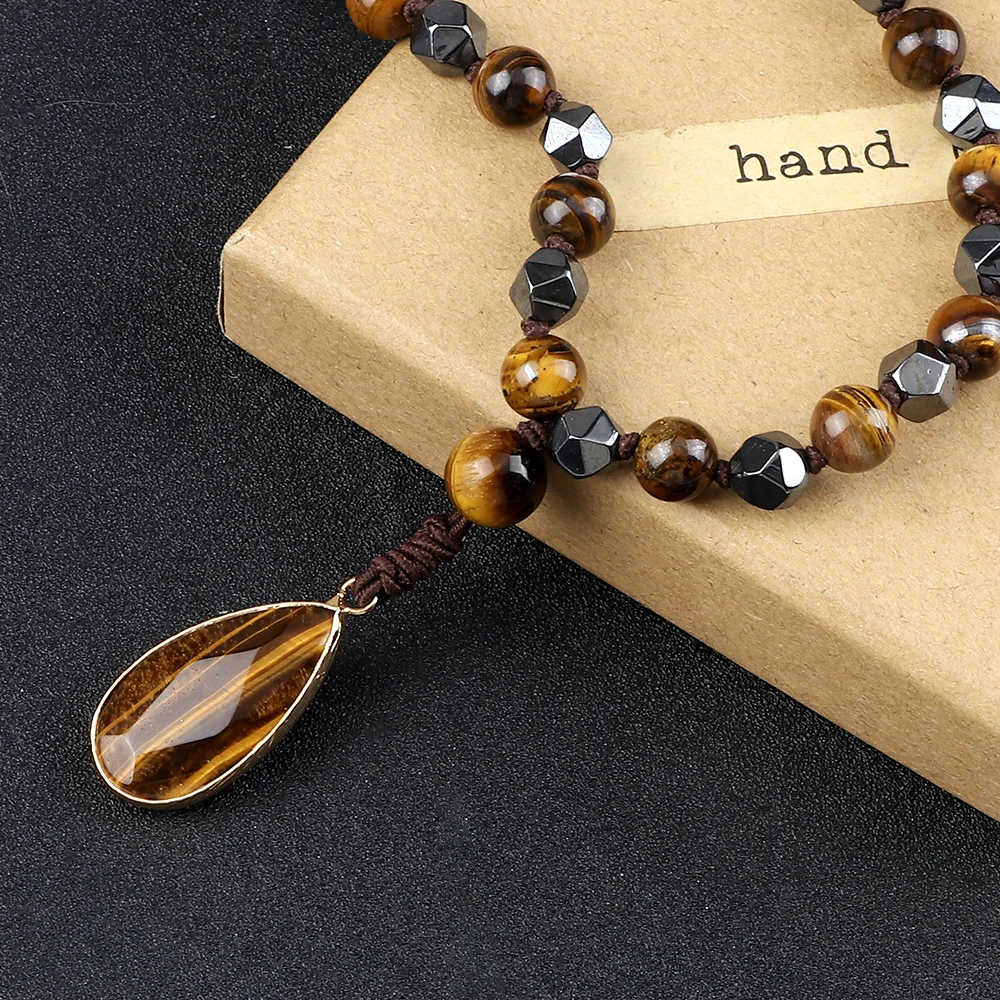 8mm Tiger Eye Stone Necklace Drop Pendant Handmade Knotted Irregular Hematite Beaded Necklaces Health Protection Mala Jewelry