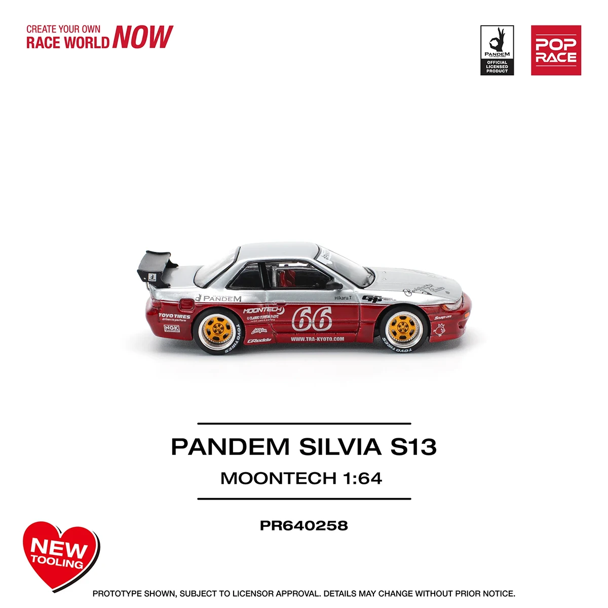 POPRACE 1:64 Nissan Silvia S13 Pandem Moontech #66 Racing Livery Open Hood Diecast Model Car PR640258 In Stock Ready To Ship