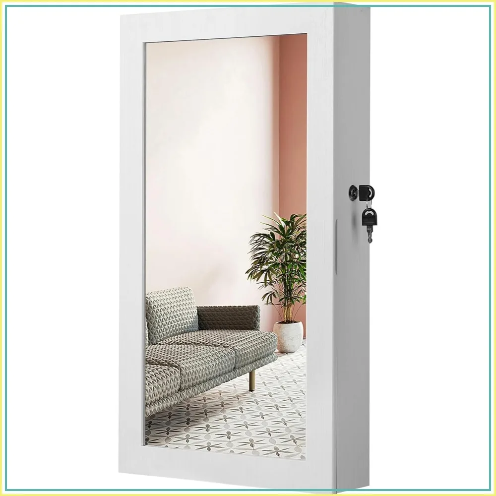 

Lockable Jewelry Cabinet with Mirror, Wall-Mounted Space Saving Storage Organizer, White
