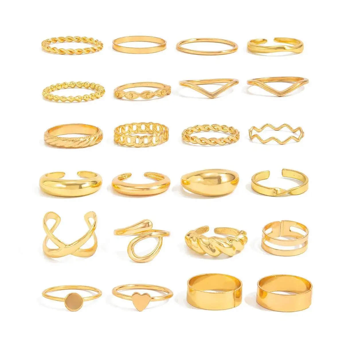 SHIXIN 24 قطعة/المجموعة العصرية غير النظامية الهندسة المفتوحة خواتم للنساء الشرير معدن الذهب اللون قابل للتعديل المفصل الدائري مجموعة مجوهرات الحفلات