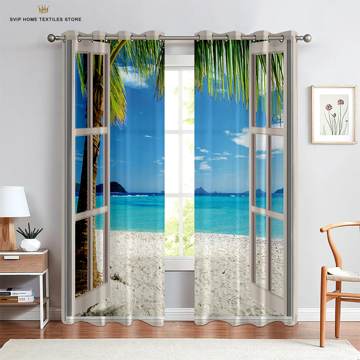 Beach window curtain, forest, natural, landscape, shading, bedroom, living room, kitchen, 2pieces